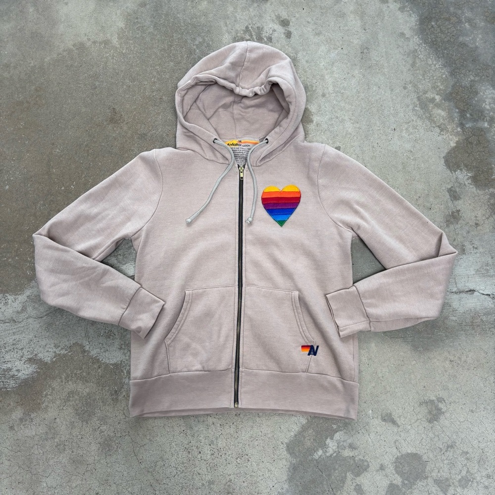 Aviator Nation Rainbow Heart Hoodie Beige Size M